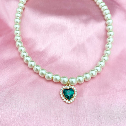 Cute Elegant 8mm Pearl Necklace With Stone Studded Green Heart Charm - DropShp