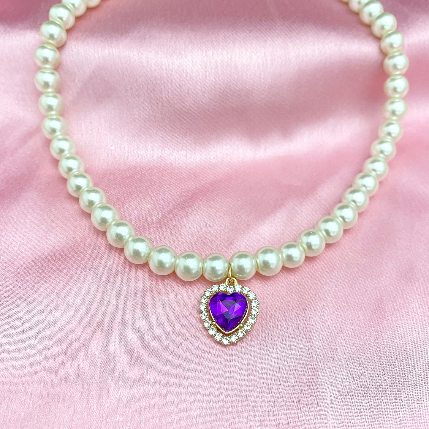 Cute Elegant 8mm Pearl Necklace With Stone Studded purple Heart Charm - DropShp
