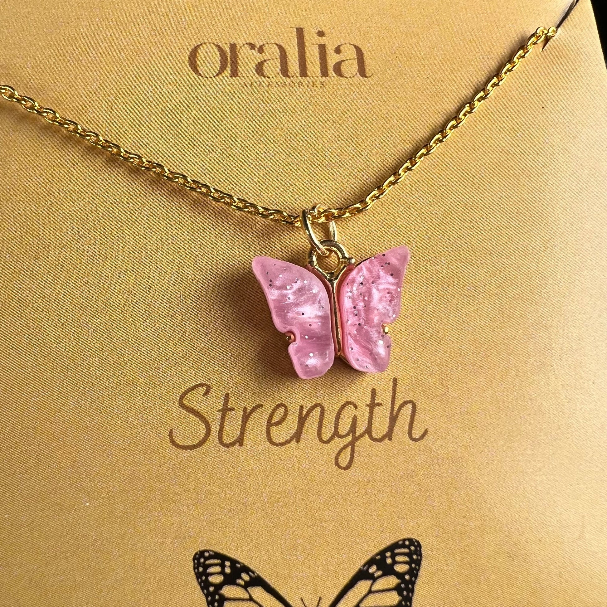 Glitter Pink Acrylic Butterfly Necklace (Waterproof) - DropShp