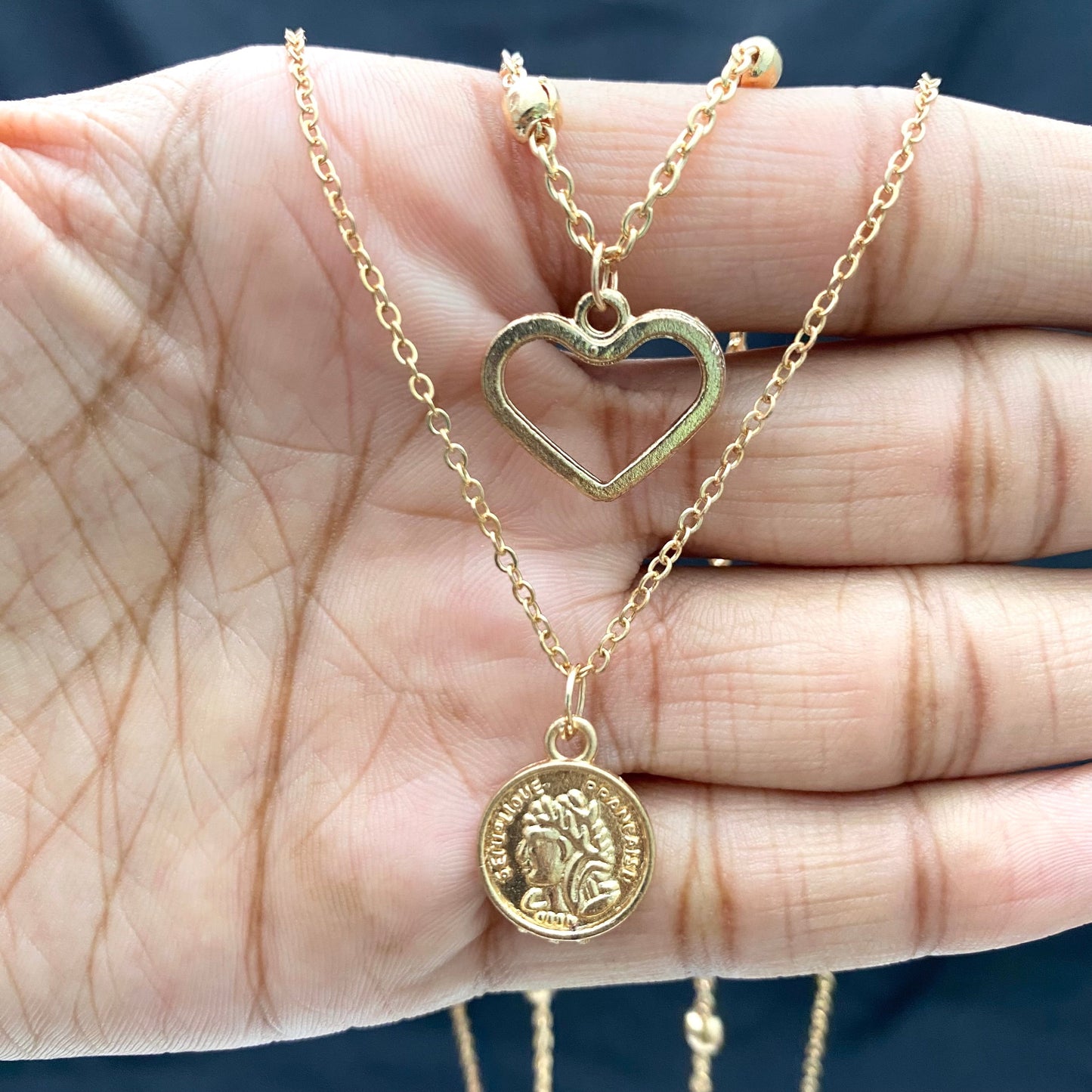 Layered Golden Heart Charm With Coin Necklace - DropShp