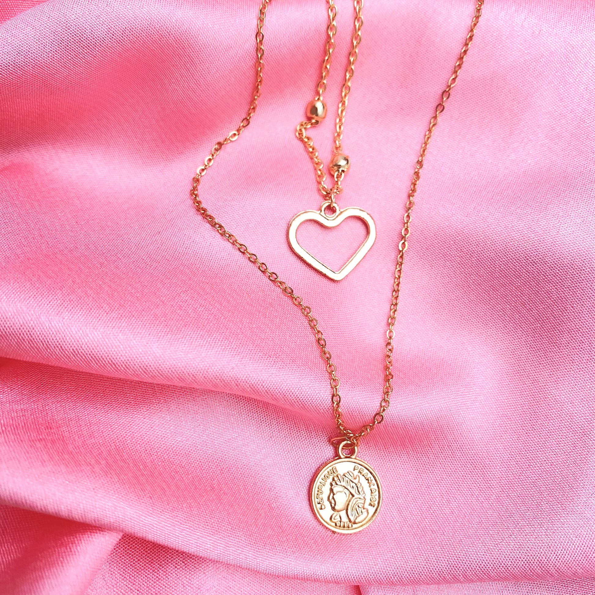 Layered Golden Heart Charm With Coin Necklace - DropShp