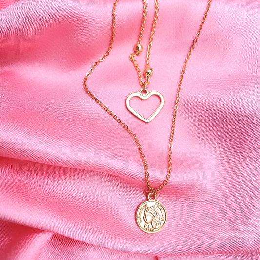 Layered Golden Heart Charm With Coin Necklace - DropShp