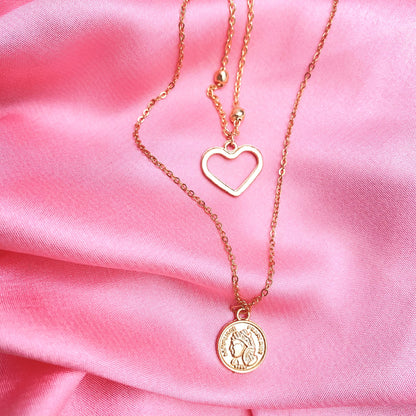 Layered Golden Heart Charm With Coin Necklace - DropShp