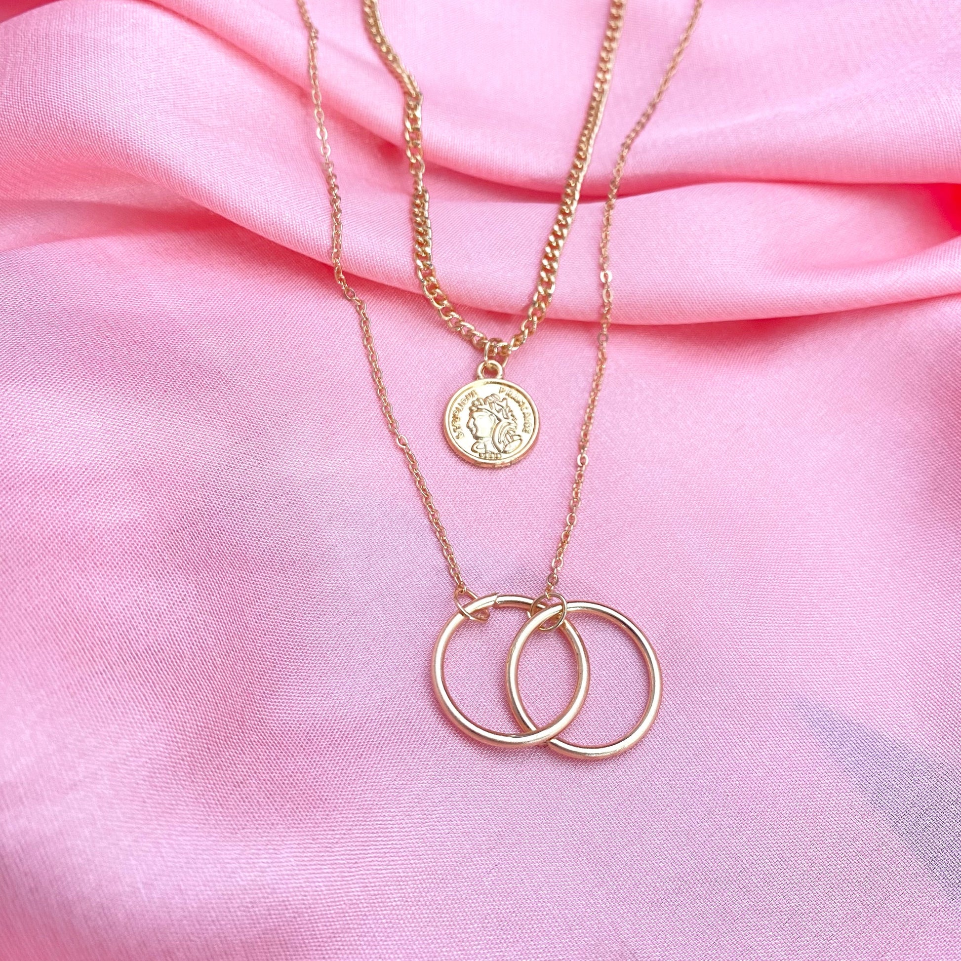 Layered Golden Double Ring With Coin Charm Necklace - DropShp