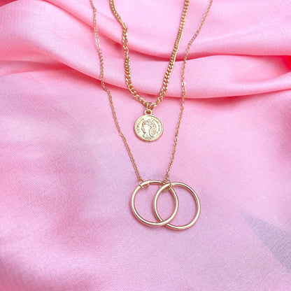 Layered Golden Double Ring With Coin Charm Necklace - DropShp