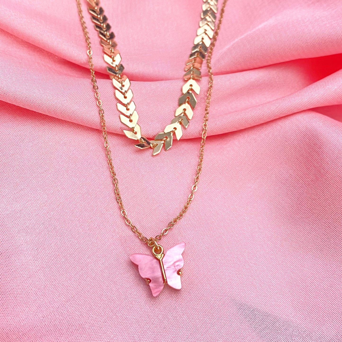 Layered Golden Dark Pink Butterfly Necklace With Arrow Chain - DropShp