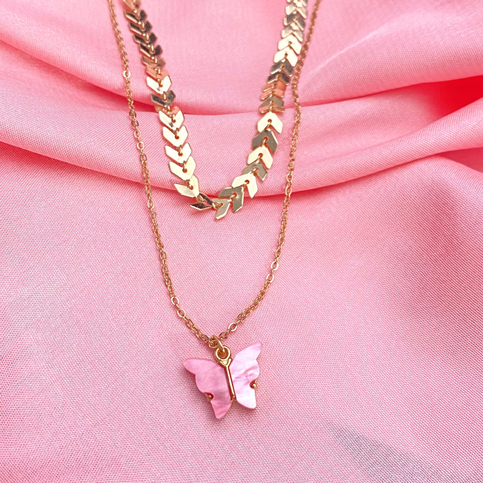Layered Golden Dark Pink Butterfly Necklace With Arrow Chain - DropShp