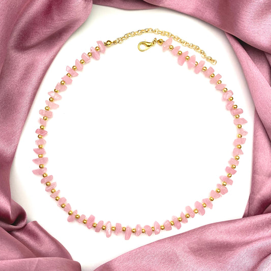 High Quality Unique Pink Uncut Stone Necklace With Golden Beads - DropShp
