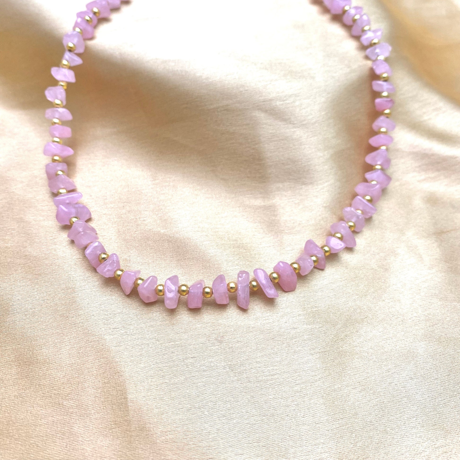 High Quality Unique Pink Uncut Stone Necklace With Golden Beads - DropShp