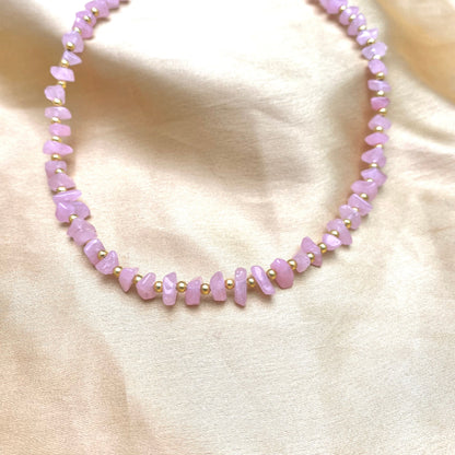High Quality Unique Pink Uncut Stone Necklace With Golden Beads - DropShp