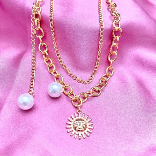 Layered Pearl Drop Sun Charm Necklace - DropShp