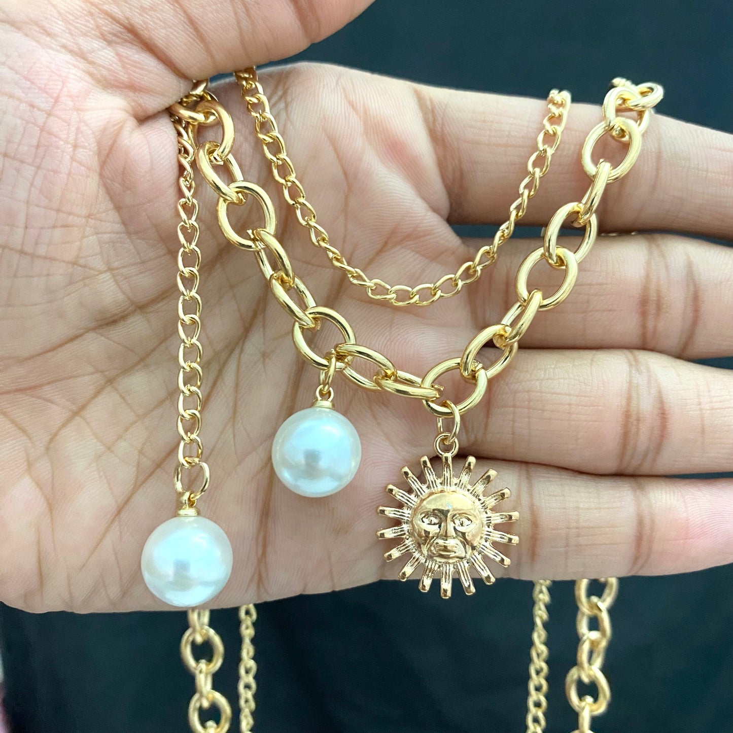 Layered Pearl Drop Sun Charm Necklace - DropShp