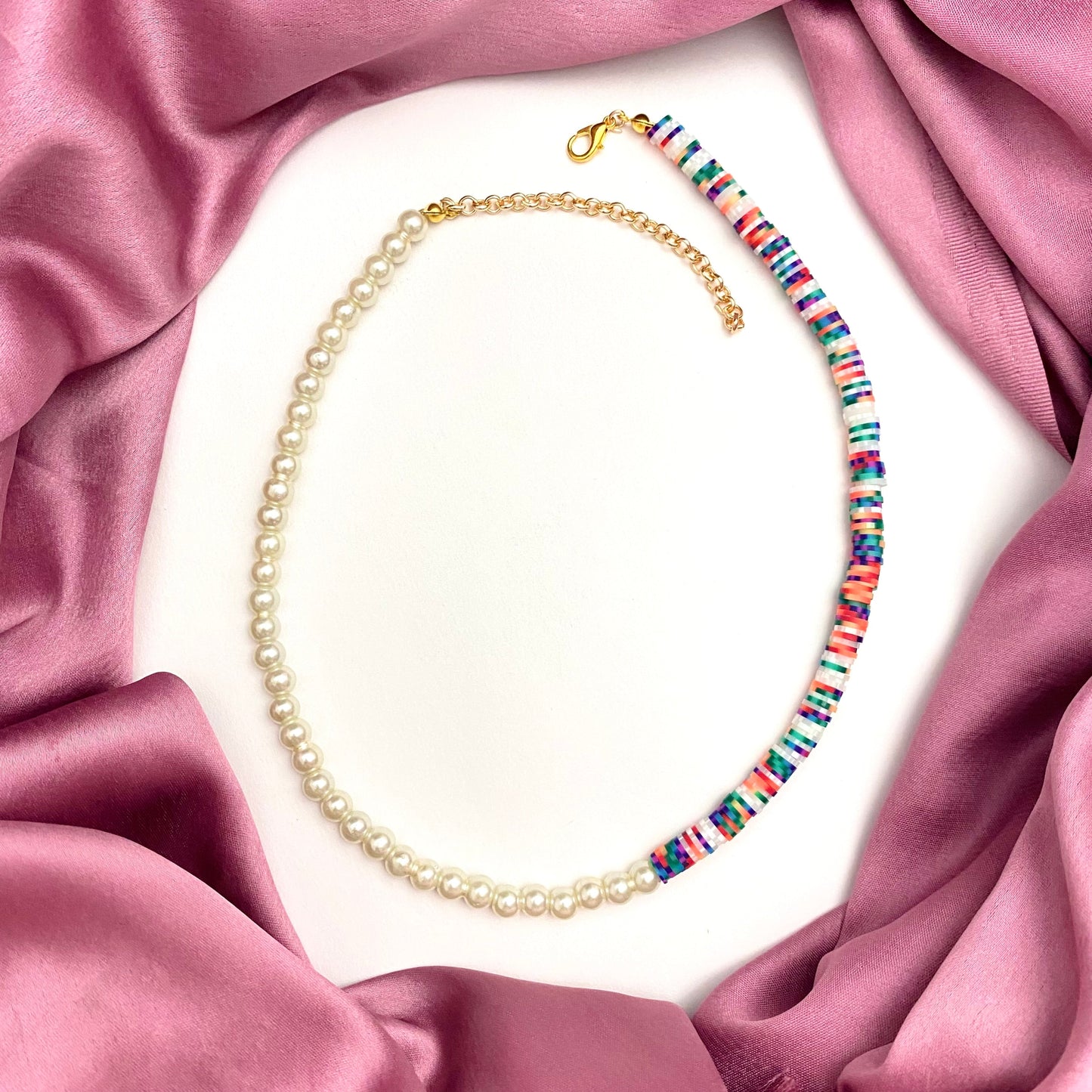 Half Pearl & Half Multicolour Clay Beads Necklace - DropShp