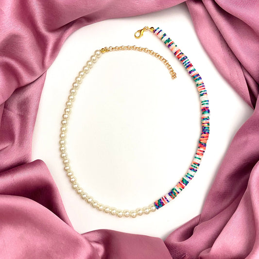 Half Pearl & Half Multicolour Clay Beads Necklace - DropShp