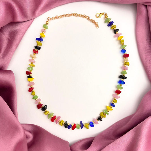 High Quality Unique Multicolour Uncut Stone Necklace With Golden Beads - DropShp
