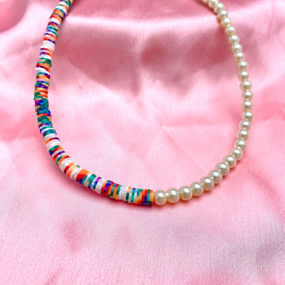 Half Pearl & Half Multicolour Clay Beads Necklace - DropShp