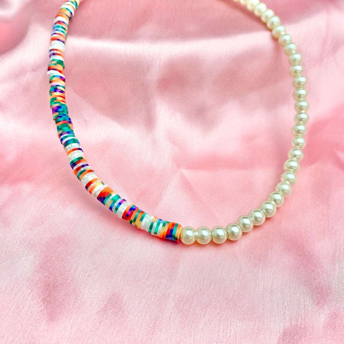 Half Pearl & Half Multicolour Clay Beads Necklace - DropShp