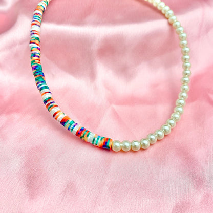 Half Pearl & Half Multicolour Clay Beads Necklace - DropShp
