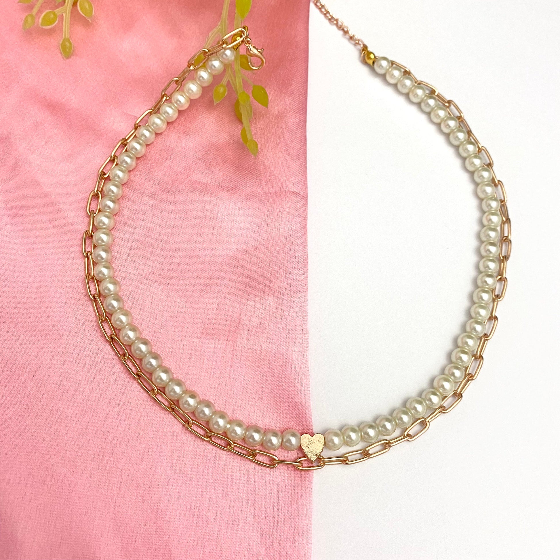 Heart Charm Double Layered Chain With Pearl Necklace - DropShp