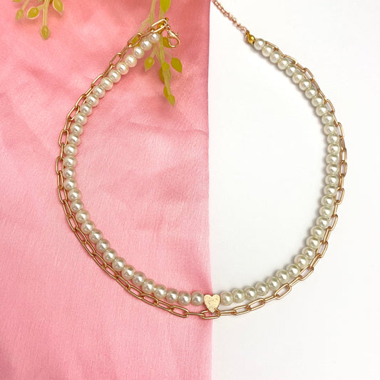 Heart Charm Double Layered Chain With Pearl Necklace - DropShp