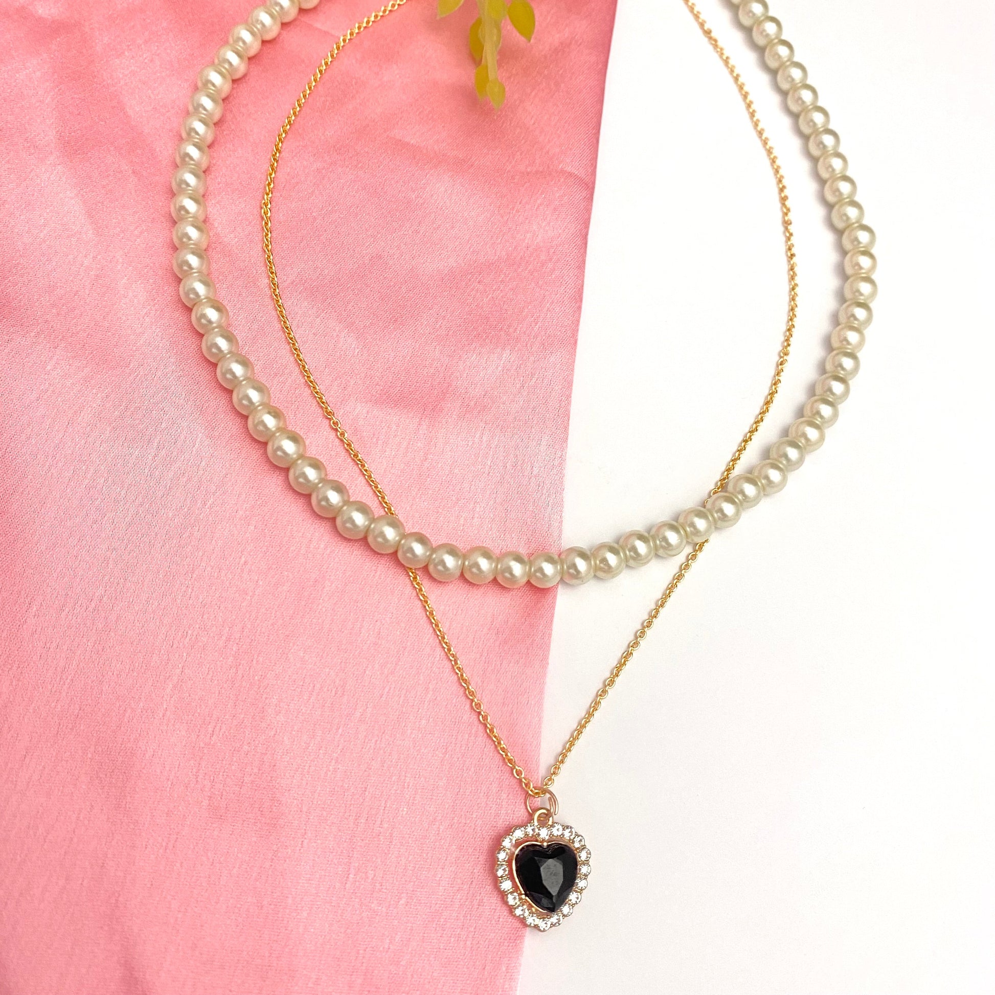 Double Layered Pearl Necklace With Black Heart Charm - DropShp