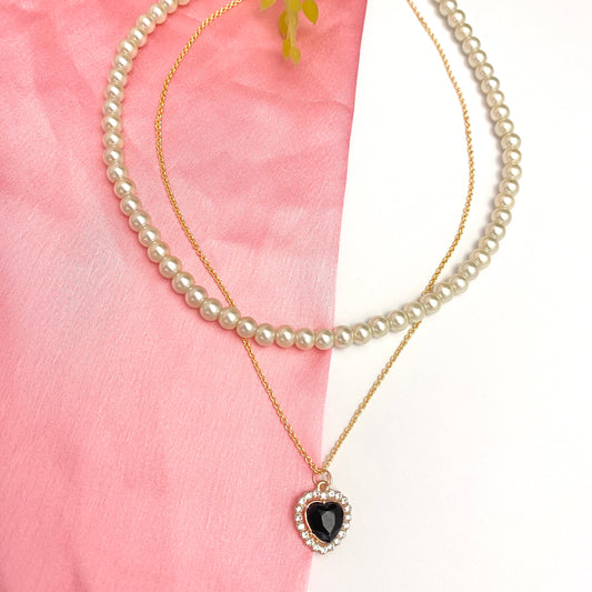 Double Layered Pearl Necklace With Black Heart Charm - DropShp