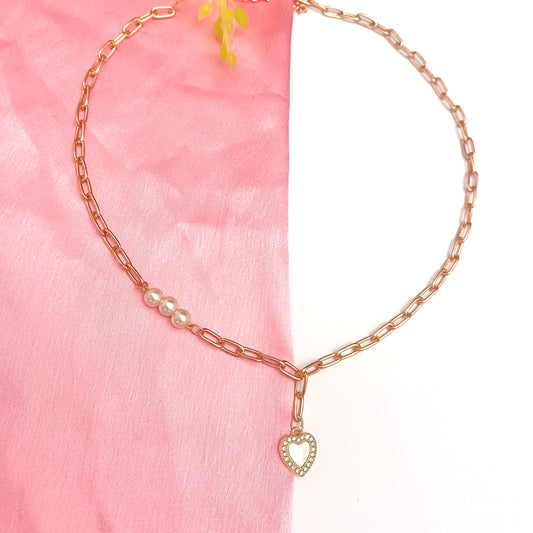 Golden Paperclip Chain Necklace With White Stone Studded Heart Charm - DropShp