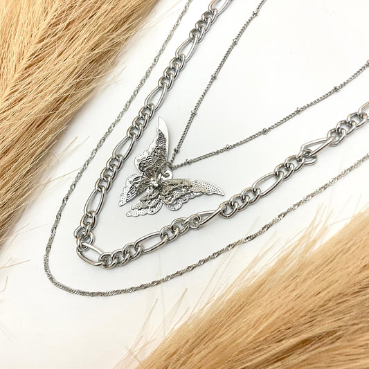 Silver Triple Layered Chain Necklace With Butterfly Charm - DropShp