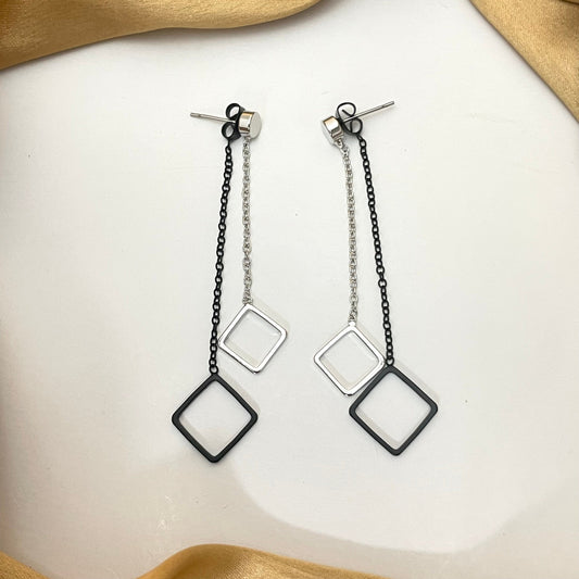 Silver & Black Square Shape Drop Korean  Earrings - DropShp