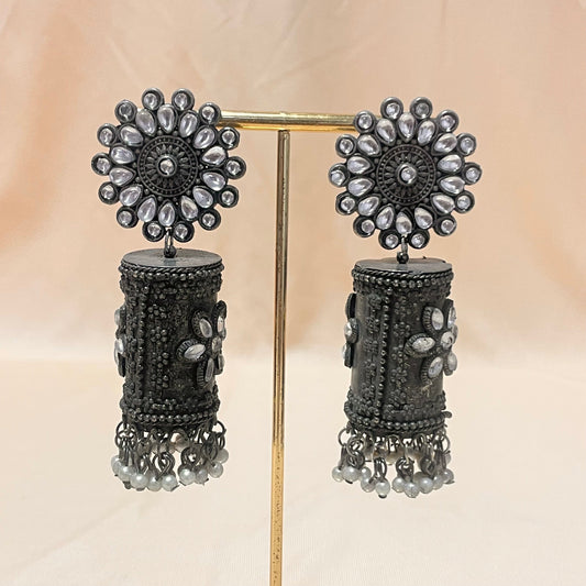 Oxidised Black Mirror Studded Jhumka - DropShp