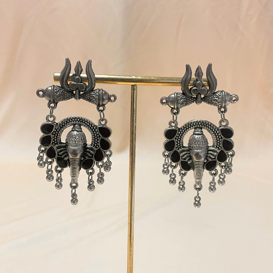 Oxidised Black Mirror Ganesh  Jhumka - DropShp