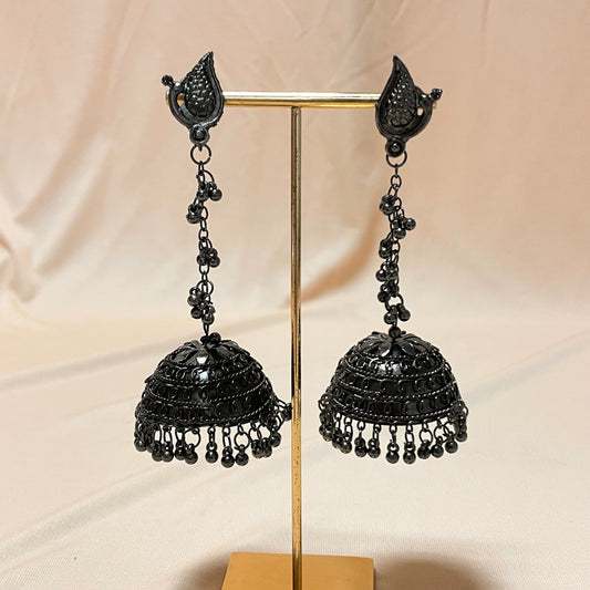 Oxidised Black Peacock Long Drop Jhumka - DropShp