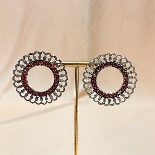 Oxidised Silver Red Stud Earrings - DropShp