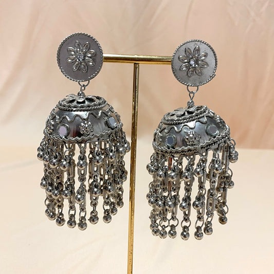 Oxidised Silver Shiny Tessel Drop Jhumka - DropShp