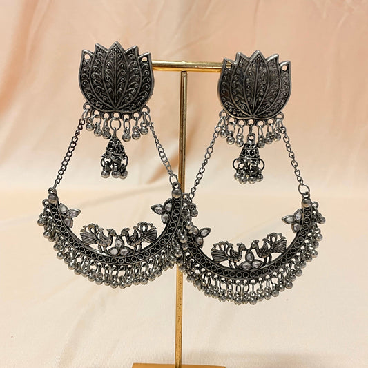 Oxidised Lotus Peacock Drop Jhumka - DropShp