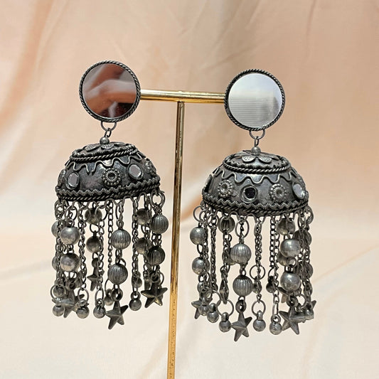 Oxidised Silver Mirror Star Tessel Drop Jhumka - DropShp