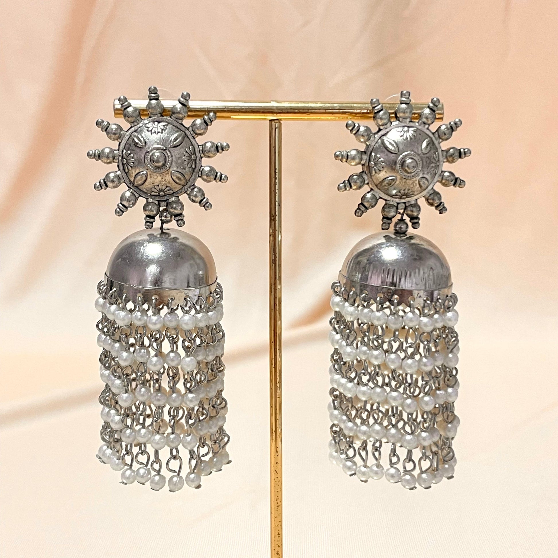 Oxidised Shiny Silver Long Pearl Drop Jhumka - DropShp