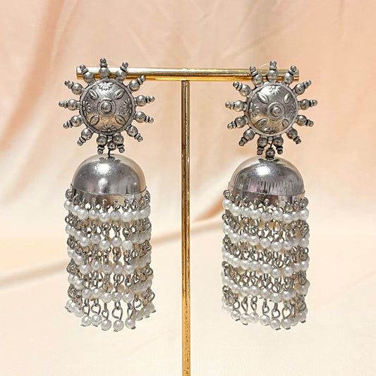 Oxidised Shiny Silver Long Pearl Drop Jhumka - DropShp