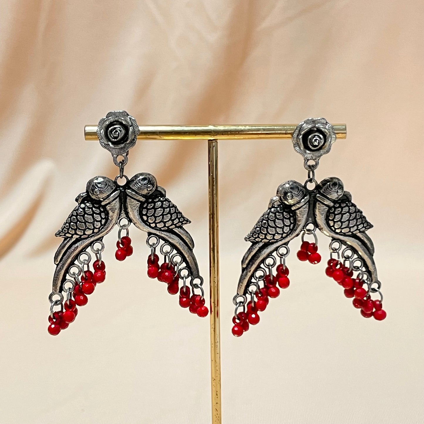 Oxidised Silver Plated Red Love Birds Peacock Drop Jhumka - DropShp