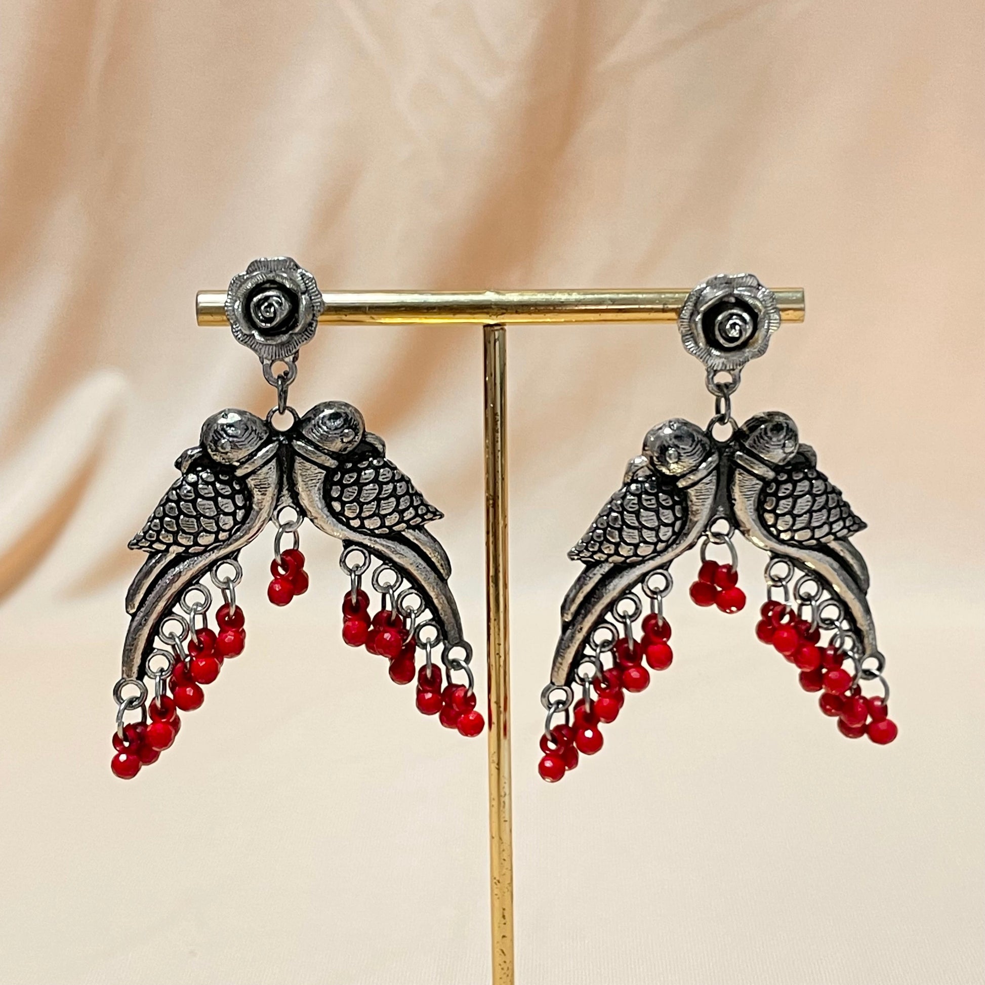 Oxidised Silver Plated Red Love Birds Peacock Drop Jhumka - DropShp