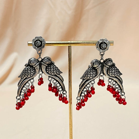 Oxidised Silver Plated Red Love Birds Peacock Drop Jhumka - DropShp