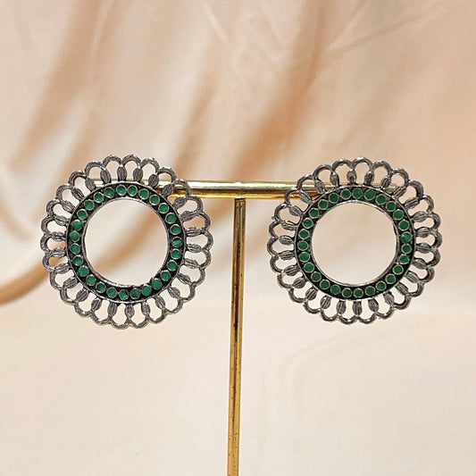 Oxidised Silver Light Green Stud Earrings - DropShp