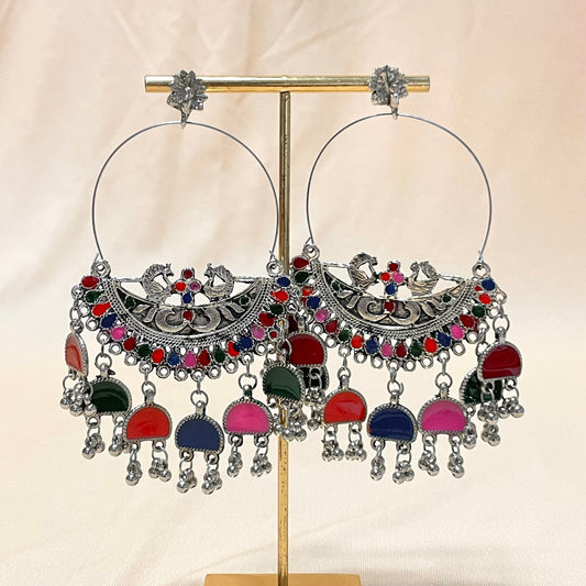 Oxidised Silver Plated Multicolour Peacock Drop Jhumka - DropShp