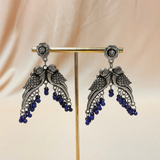 Oxidised Silver Plated Blue Love Birds Peacock Drop Jhumka - DropShp