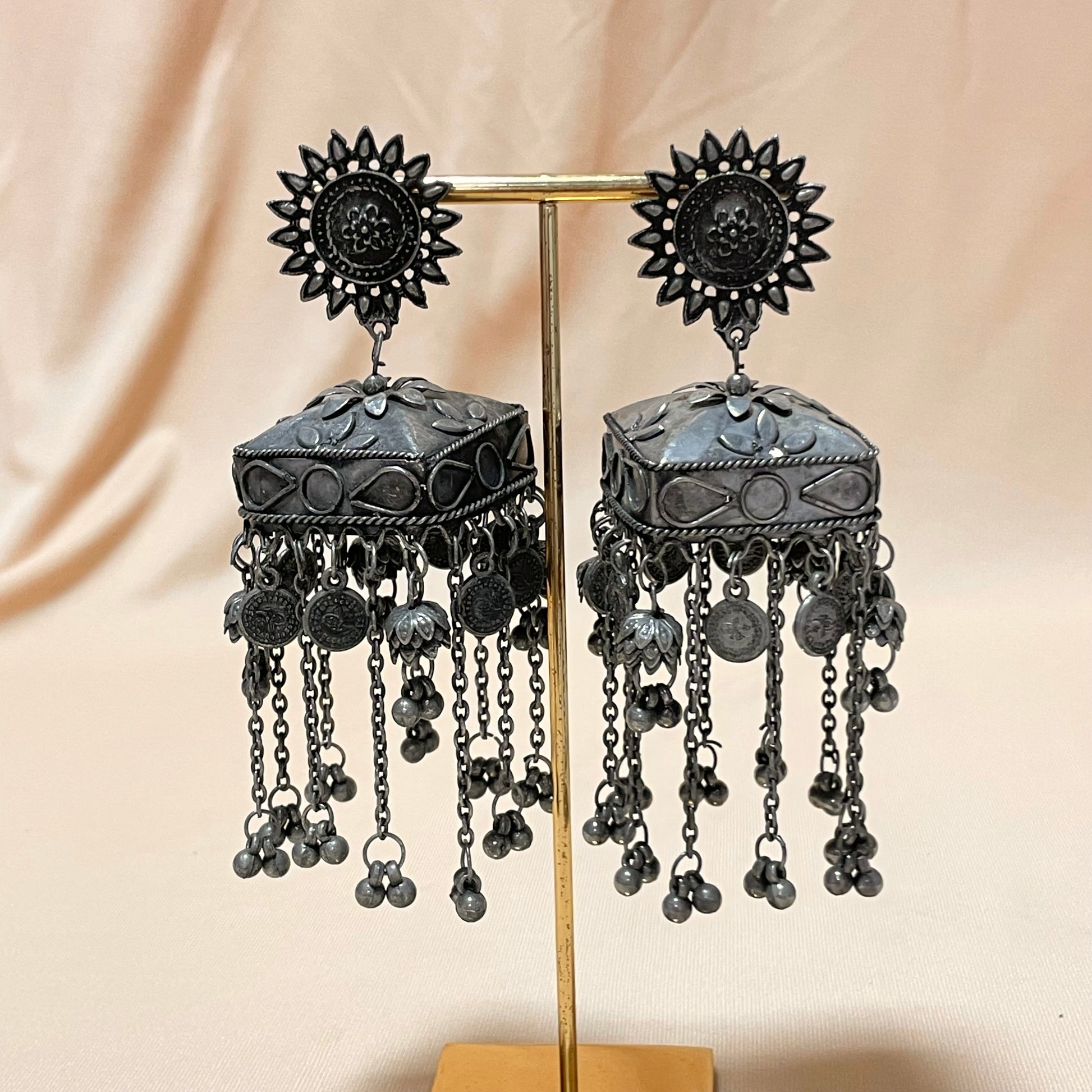 Oxidised Black Matte Sqaure Tessel Drop Jhumka - DropShp
