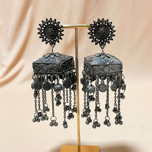 Oxidised Black Matte Sqaure Tessel Drop Jhumka - DropShp