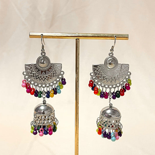 Oxidised Multicolour Silver Drop Jhumka - DropShp