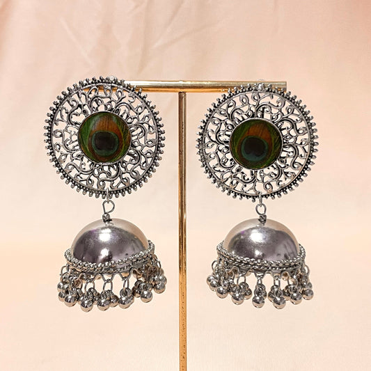 Oxidised Silver Round Peacock Jhumka - DropShp