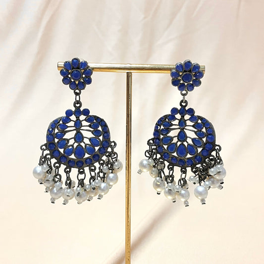Oxidised Silver Blue Stones Pearl Hanging Jhumka - DropShp
