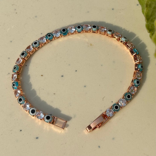 Rosegold Plated Green Evil Eye Tennis Bracelet Hip Hop Jewelry - DropShp